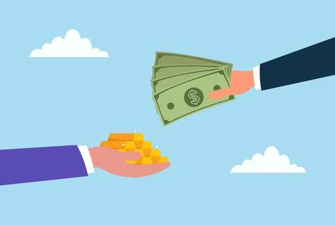 Vector illustration showing one hand exchanging money for a gold bar Stock Illustration