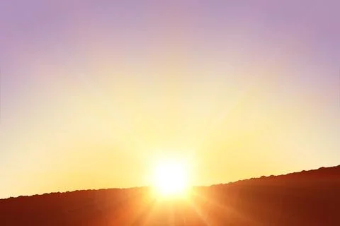 Vector illustration showing sun emerging over rocky ridge against gradient sky Stock Photos