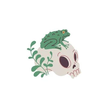 This vector illustration shows a human skull with a grass branch and a green Illustrazione stock