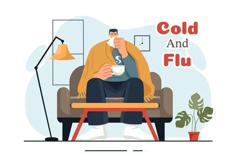 Vector Illustration of Sick People with Flu and Cold Wearing Thick Clothes,.. Stock Illustration