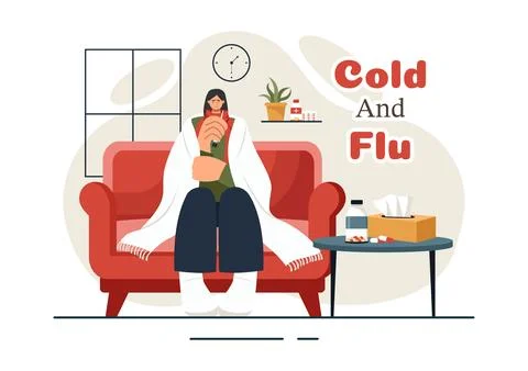 Vector Illustration of Sick People with Flu and Cold Wearing Thick Clothes,.. 스톡 일러스트