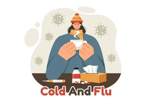Vector Illustration of Sick People with Flu and Cold Wearing Thick Clothes,.. Stock Illustration