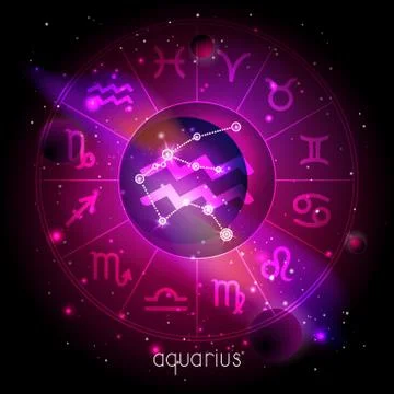 Vector illustration of sign and constellation AQUARIUS with Horoscope circle  Stock Illustration