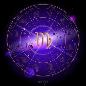 Vector illustration of sign and constellation VIRGO and Horoscope circle with Stock Illustration