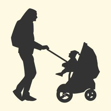 Vector illustration of a silhouette of a father with a backpack carries a chi 스톡 일러스트