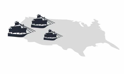 Vector Illustration of Silhouettes of Three Antique Sailing Ships on a Map of th Stock-Illustration