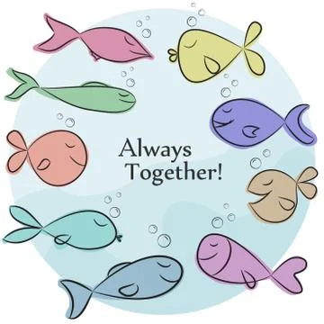 Vector Illustration with simple design.  Cute colorful fishes on blue background Stock Illustration