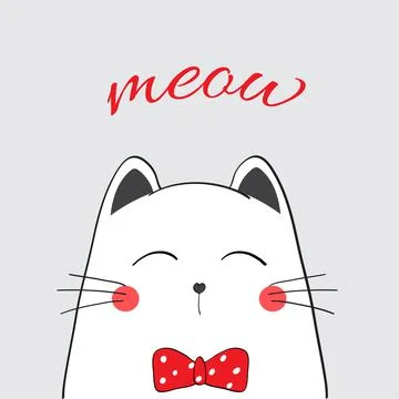 Vector illustration of simple white cat with red bow peek around the corner, Stock Illustration