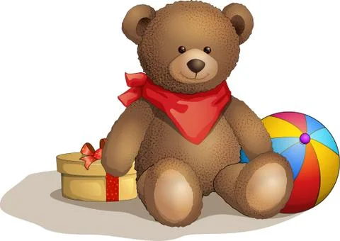 Vector illustration sitting teddy bear in red scarf with gift and ball Stock Illustration