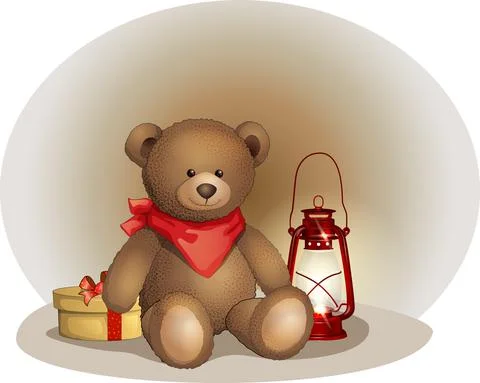 Vector illustration sitting teddy bear in red scarf with gift and lamp Stock Illustration