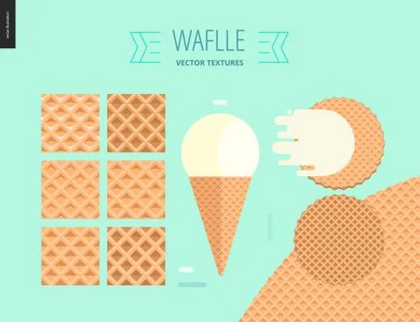 Vector illustration of six seamless waffle patterns on mint background 스톡 일러스트