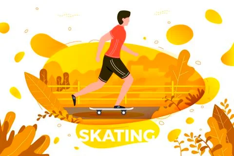 Vector illustration -  skating man in park. Forest, trees and hills Ilustración de archivo