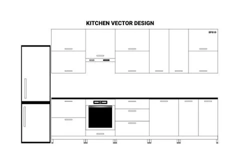 Vector illustration of sketch modern kitchen interior in linear flat style Stock Illustration