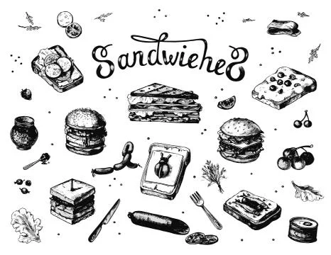 Vector illustration of a sketch on a theme of light snack, fast food, sandwiches Stock Illustration