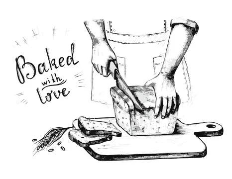 Vector illustration of a sketch on a topic of fresh bread. Hands cut bread Stock Illustration