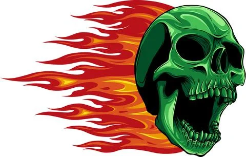 Vector illustration of Skull on Fire with Flames on white background. digital Stock Illustration
