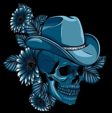 Vector illustration of skull with hat and flower 스톡 일러스트