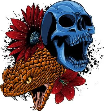 Vector illustration of skull with snake and flower Illustrazione stock