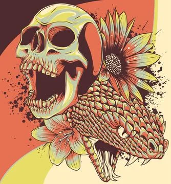 Vector illustration of skull with snake and flower Stockillustratie