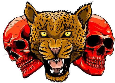 Vector illustration skulls head with leopard. digital hand draw Stock Illustration