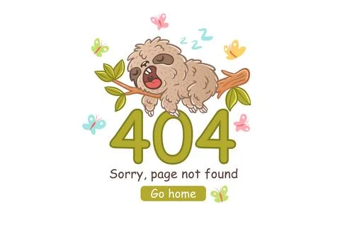 Vector illustration of a sleep sloth on branch with green leaves for 404 er.. Stock Illustration