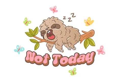 Vector illustration of a sleep sloth on branch with green leaves. Not today. Stock Illustration