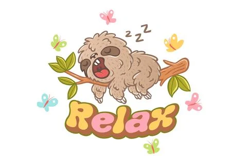 Vector illustration of a sleep sloth on branch with green leaves. Not today. Stock Illustration