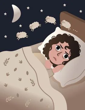 Vector illustration of a sleepless person counting jumping sheep Stock Illustration