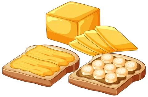 Vector Illustration of Sliced Bread with Butter and Banana Chocolate Toppings 스톡 일러스트