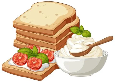 Vector Illustration of Sliced Bread with Cream Cheese and Tomato Topping Stockillustratie