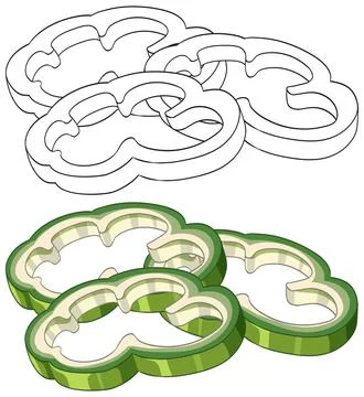 Vector Illustration of Sliced Green Bell Peppers in Color and Outline Stock Illustration