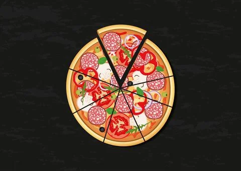 Vector illustration of sliced pizza isolated on black background Stock Illustration