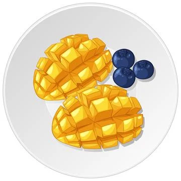 Vector Illustration of Sliced Ripe Mango and Blueberries on White Plate Stock Illustration