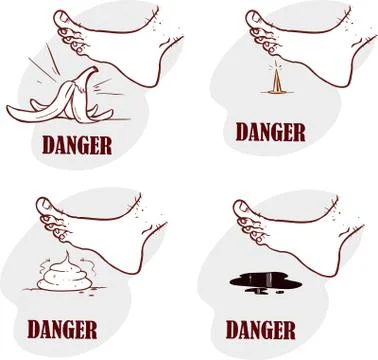 Vector illustration of slide on slippery ground (banana, nails, oil, stool) Illustrazione stock