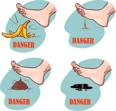 Vector illustration of slide on slippery ground (banana, nails, oil, stool) Stock Illustration