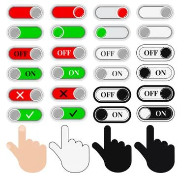 Vector illustration On Off sliders and hands icon set isolated on white backg Stock Illustration