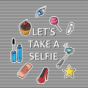 Vector illustration of slogan "Let's take a selfie" with fashion patch and pi Stock Illustration