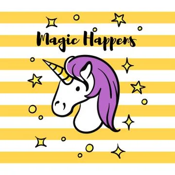 Vector illustration of slogan "Magic happens" with unicorn and stars. Stock Illustration
