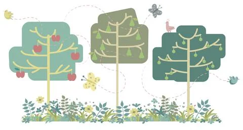 Vector illustration of a small garden with three fruit trees. Stock Illustration