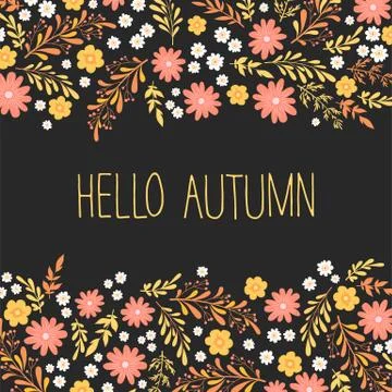 Vector illustration with small hand drawn colorful flowers, leaves, branches  Stock Illustration