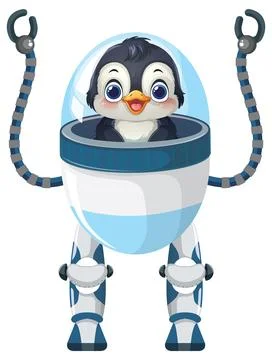 Vector Illustration of a Small Penguin Inside a Mechanical Robot Suit Stock Illustration