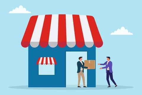 Vector illustration of a small shop with two businessmen exchanging a package Stock Illustration