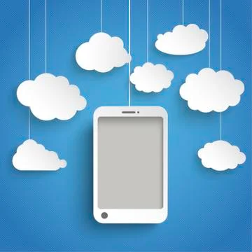 Vector illustration, Smart phone with white clouds against blue background Illustrazione stock