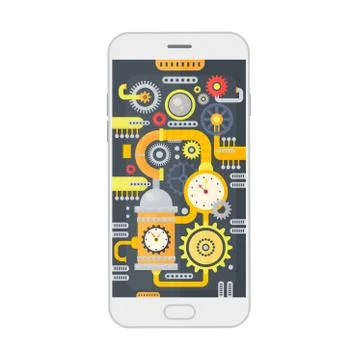 Vector illustration of smartphone with different steampunk vintage cogs, gears Stock Illustration