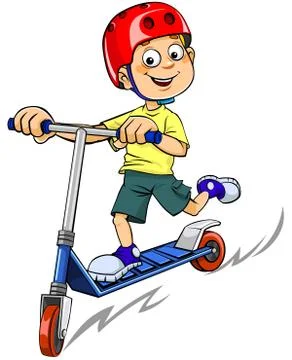 Vector illustration of a smiling boy riding a scooter Stock Illustration
