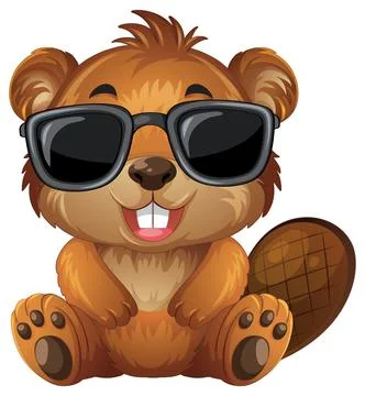 Vector illustration of a smiling brown beaver wearing sunglasses on a white b Stock Illustration