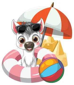 Vector illustration of a smiling donkey with sunglasses, beach ball, sandcast 스톡 일러스트