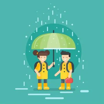 Vector illustration of smiling kids going to school in the rain. Stock Illustration