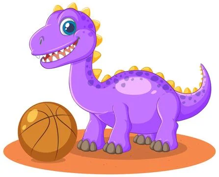 Vector illustration of a smiling purple dinosaur with a basketball on an oran Stock Illustration