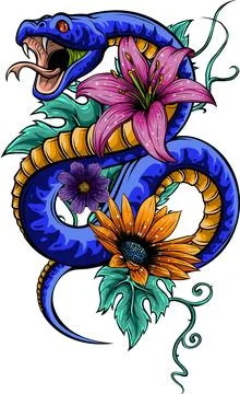 Vector illustration of snake with flower and leaves イラスト素材
